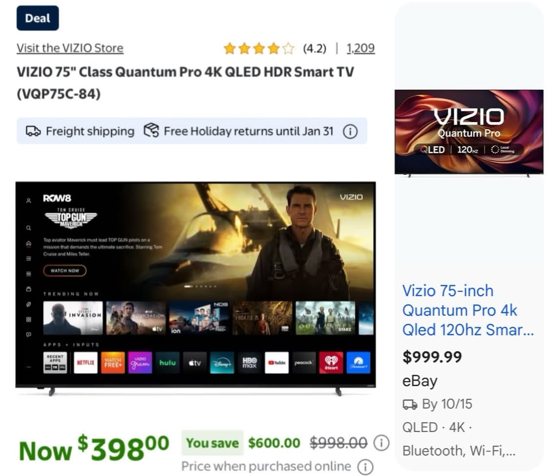 VIZIO 75" 4K 120Hz QLED Smart TV with Full Array Local Dimming (VQP75C-84) at WALMART $398.00 - $398.00