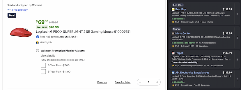 Logitech G PRO X SUPERLIGHT 2 Wireless Gaming Mouse - Red ($70.99 Off) at WALMART $139.00