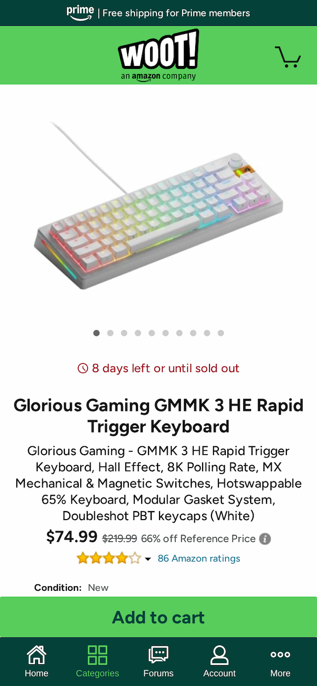Glorious Gaming GMMK 3 HE Rapid Trigger Keyboard at COMPUTERS $74.99 · COMPUTERS.WOOT.COM