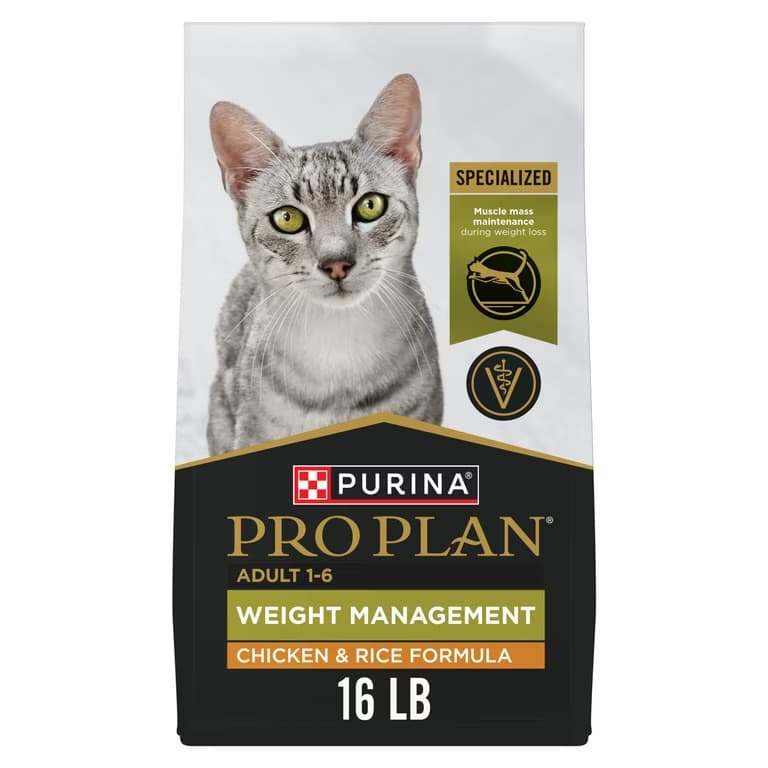 Purina Pro Plan Weight Management Chicken and Rice Adult Formula Dry Cat Food, 16 lb FOR $16.88 (Was $56.48) - 70% OFF - $16.88 (Was $56.48)