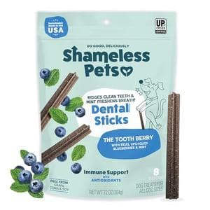 Shameless Pets Blueberry & Mint Dental Chews for Dogs, 8 Chews - Natural Dog Teeth Cleaning Treats with Fresh Breath Benefits | Grain-Free Dental Sticks for Small, Medium & Large Dogs at AMAZON $10.35 is now $2.79 - 73% OFF· AMAZON.COM