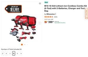 Milwaukee M18 18-Volt Lithium-Ion Cordless Combo Kit (6-Tool) with 2-Batteries, Charger and Tool Bag at MAVELYINFLUENCER $999.00 is now $399.00 - 60% OFF· MAVELYINFLUENCER.COM