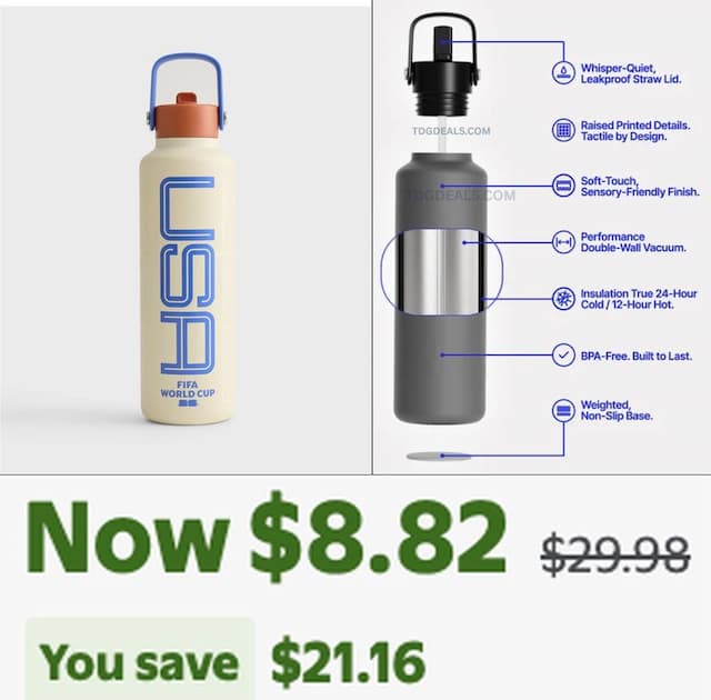 $29.98 FIFA WORLD CUP 26 USA WATER BOTTLE FOR $8.82 at WALMRT $29.98 is now $8.82 - 71% OFF
