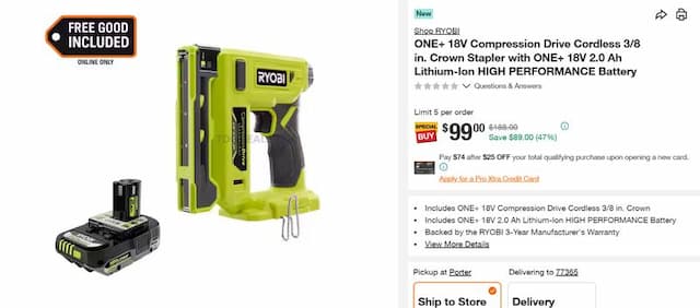 RYOBI ONE+ CROWN STAPLER KIT — $99